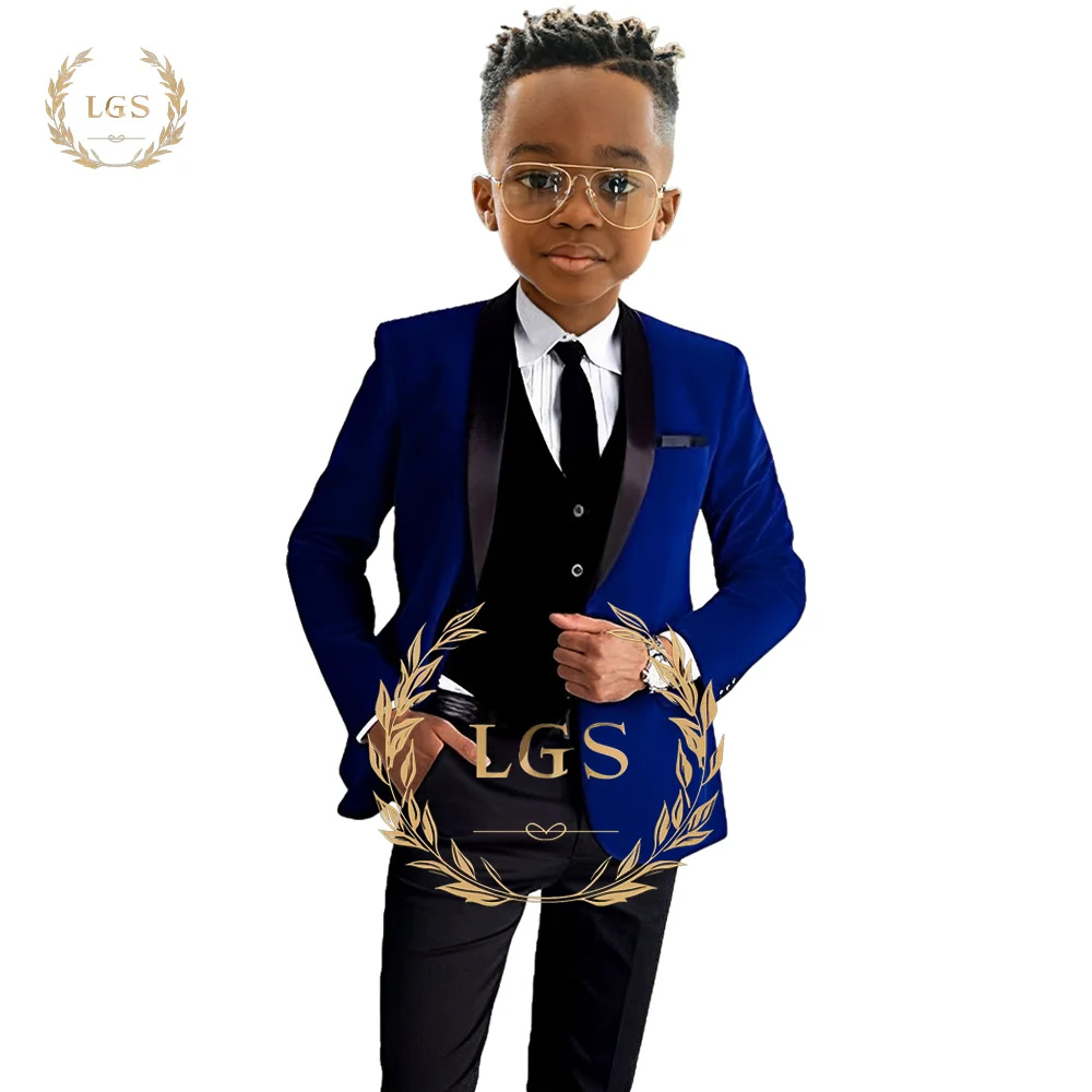 Boys Red Shawl Collar Dress Suit 3 Piece Set, Children Velvet Jacket Black Vest Trousers Wedding Banquet Holiday Wedding Tuxedo