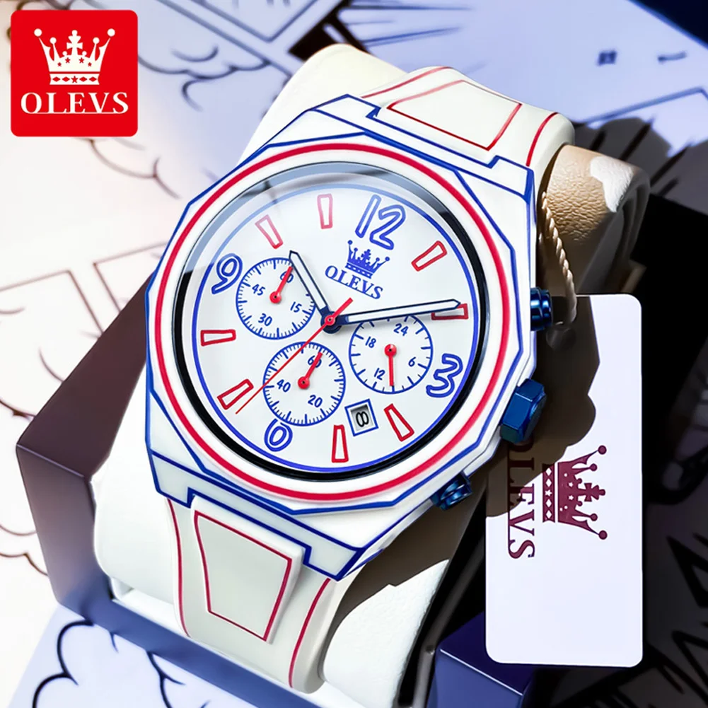 

OLEVS Фирменная Новинка, модный дизайн, кварцевые часы для мужчин, силиконовый ремешок, водостойкий спортивный календарь, роскошные мужские часы с хронографом