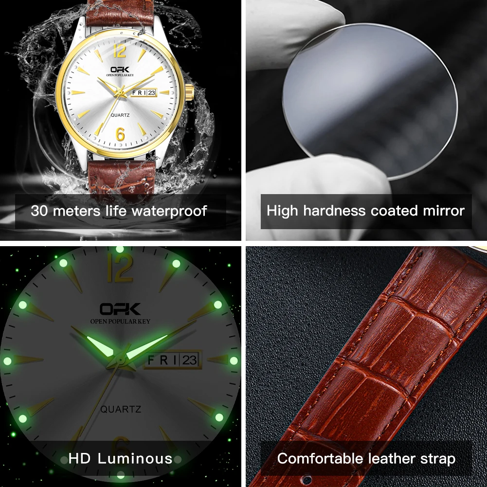 OPK brand luminous waterproof double calendar belt men's quartz watch 8138