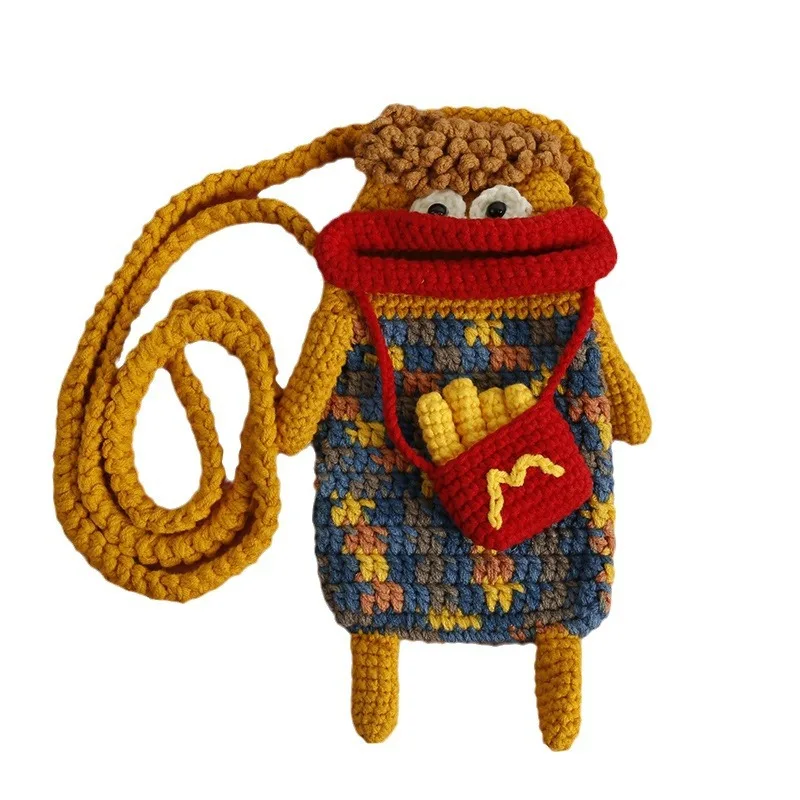 Creative hand-woven sausage mouth messenger bag, ugly cute wool crocheted mobile phone bag, cartoon cute women's bag