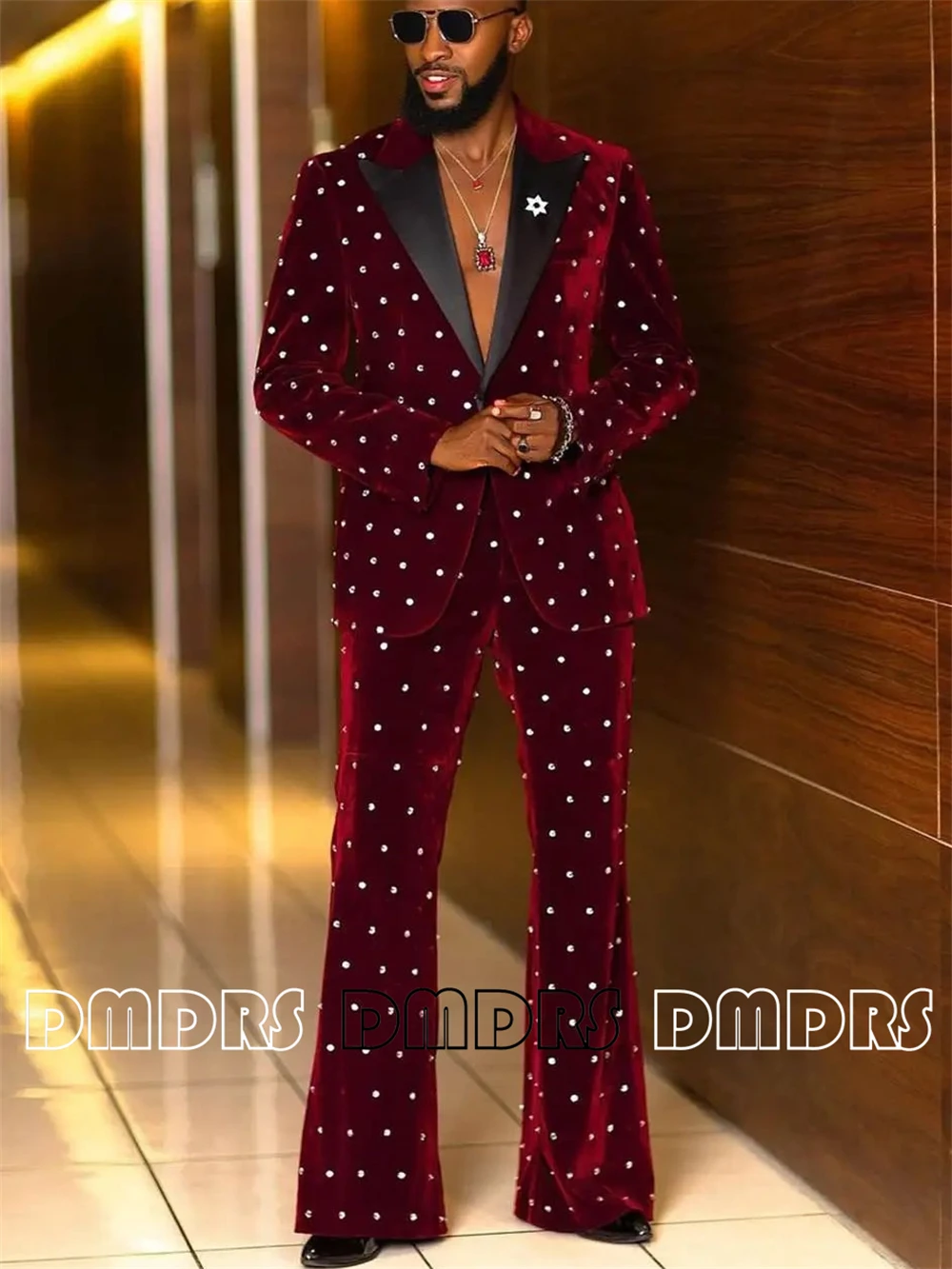 

Мужской бархатный костюм премиум-класса с кристаллами, блестящий пышный костюм, комплект из двух предметов: куртка и брюки, индивидуальный смокинг для сценического выступления