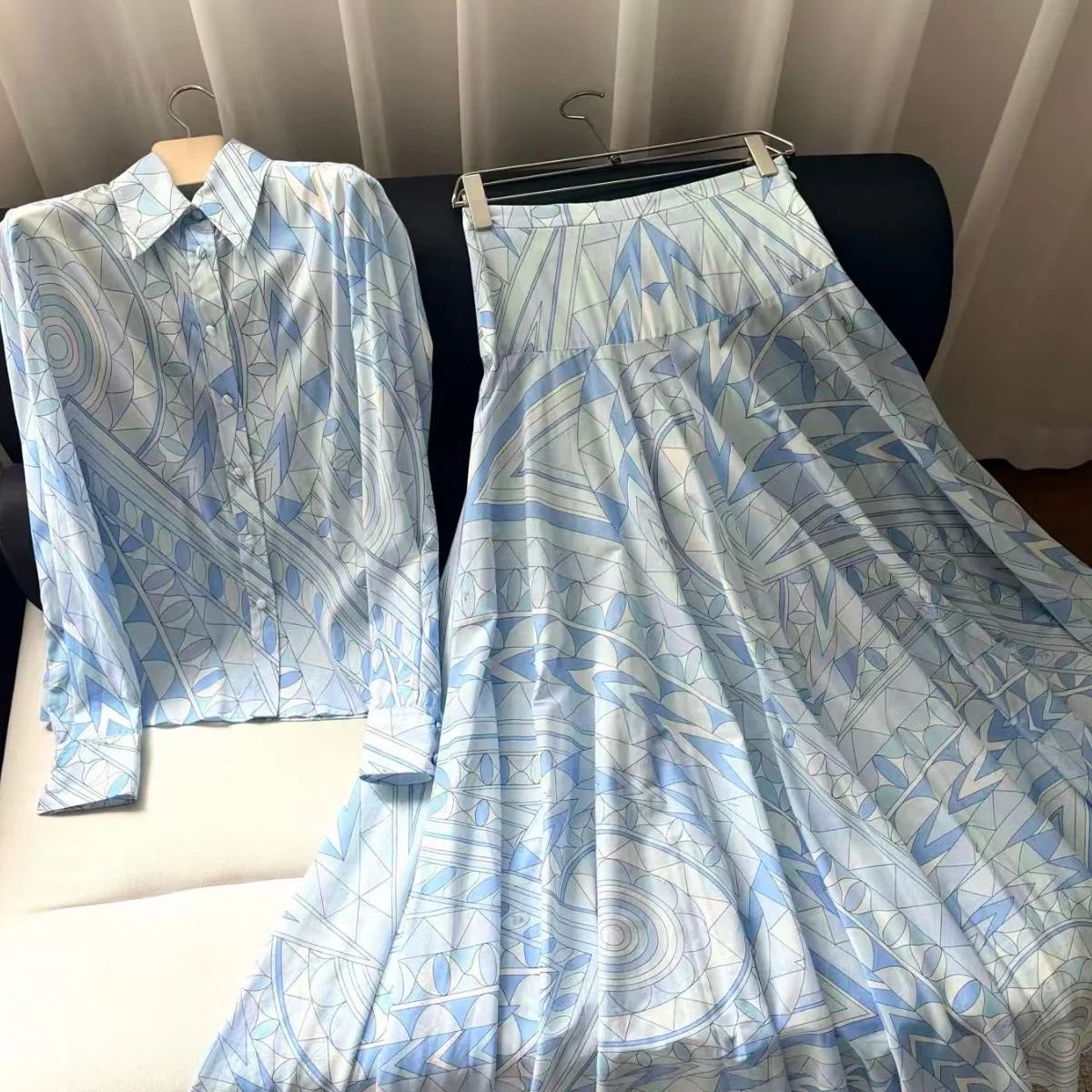 2026 New Women Geometric Print Shirt Skirt Sets Cotton Long Sleeve Button Up Blouse High Waist Long Skirt 2 Piece Outfits