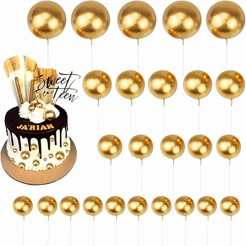 20pcs Gold Foam Balls Cake Decor 2-4cm Different Size Birthday Cake Toppers Ball Baby Shower Wedding Cupcake Decor Suppiles