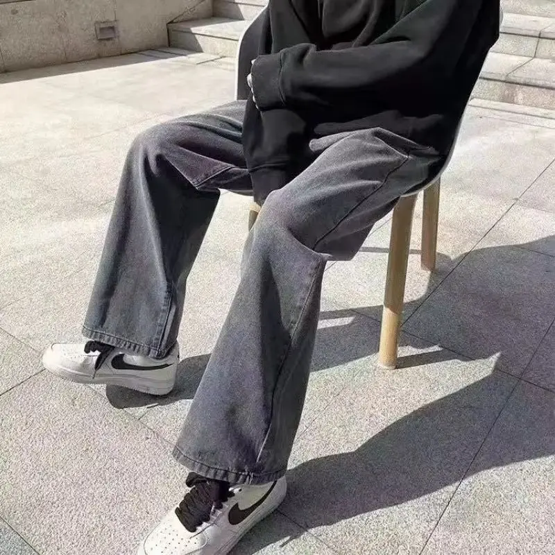 2025年新作 韓国メンズカジュアルロングジーンズ クラシックメンズストレートデニムワイドレッグパンツ ジム 無地 ライトブルー グレー ブラック S-3XL