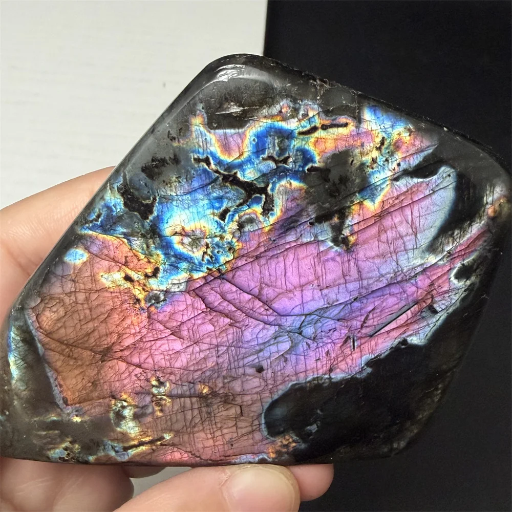 Natural Colorful Yellow Black Light Labradorite Ornaments Aurora Pink Purple Light Labrador Stone Specimen Standing Orange Beads