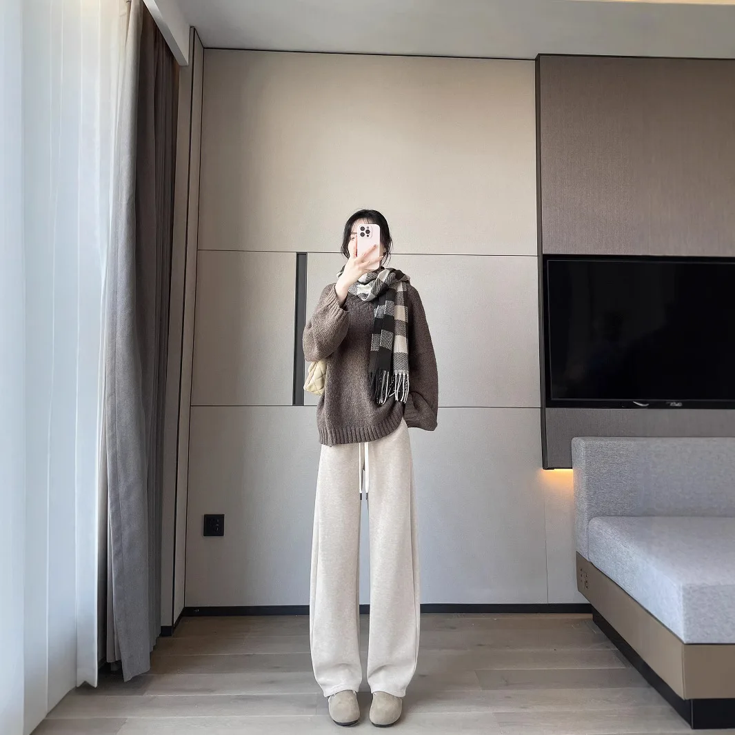 Pantalones de pierna ancha para mujer Otoño Invierno cintura alta drapeado adelgazante Casual suelto tubo recto Fce interior fino arroz