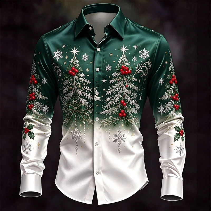 New men's long sleeved shirt, wine red rice Christmas tree snowflake pine cone print lapel Christmas shirt