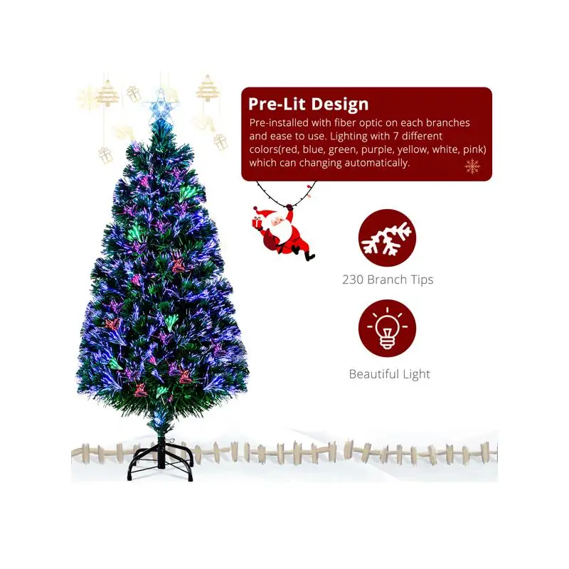 شجرة عيد الميلاد الخضراء بطول 6 أقدام مع نجوم، PVC، ألياف بصرية، 230 فروع
