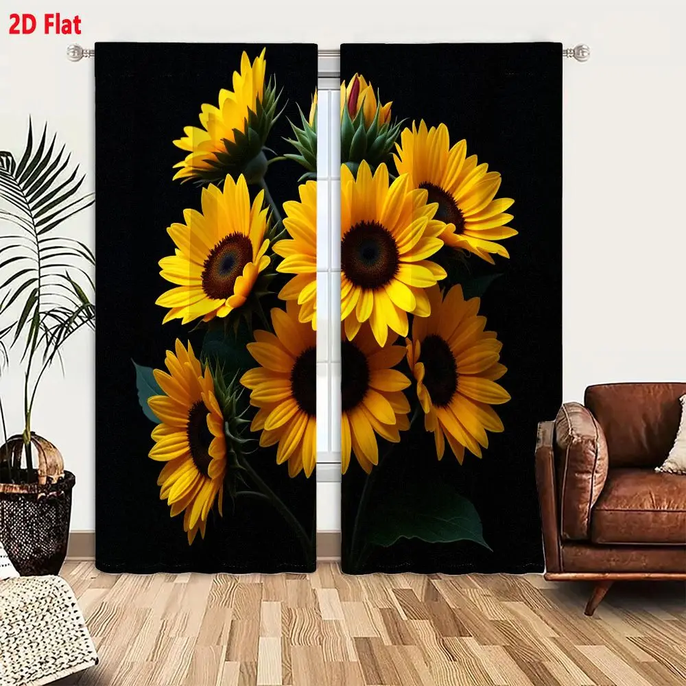 2Pcs Curtains 2D Flat Sunflowers Bouquet With 7 Sunflowers Varying Bloom Stages Bright Yellow Petals Dark Brown Central Disks Gr