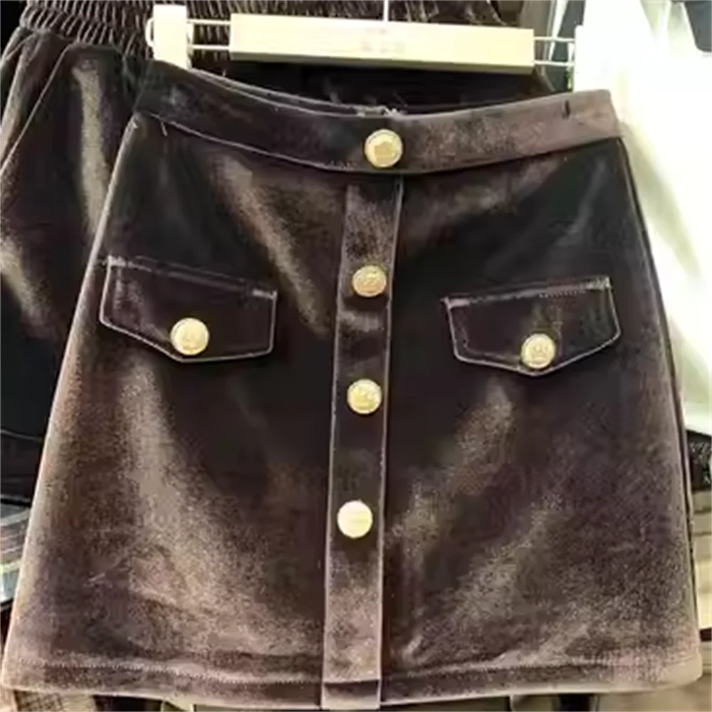 

Single-breasted velvet autumn and winter women's new high-waisted elegant skirt