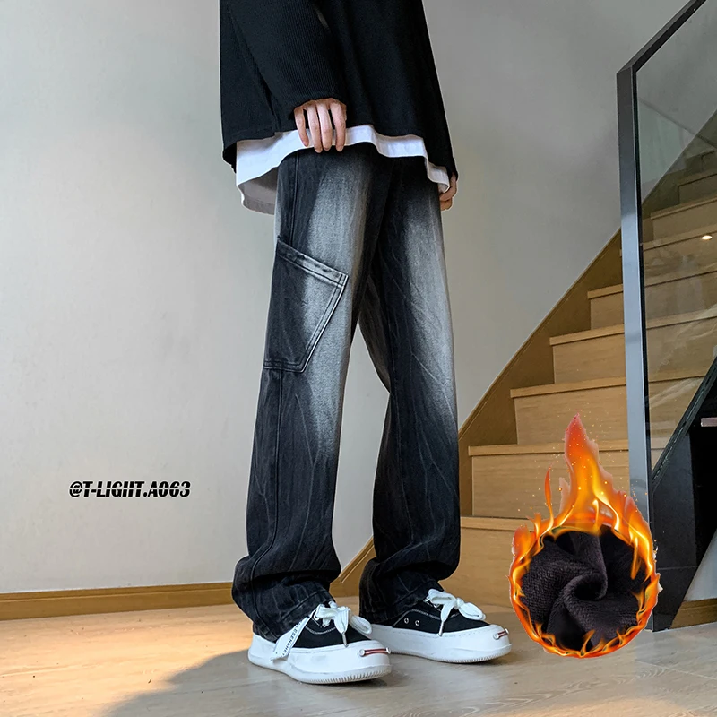 

Men's Fce Lined Straight Leg Jeans Thiened Elastic Winter Wear Long Trousers Comfortable Loose Fit Classic Blue Denim
