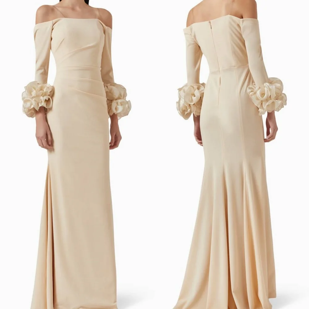 Customized Classic Jersey Flower Draped Straight Boat Neck Long Dresses Bespoke Occasion Dresses Casual Simple Elegant Fashion