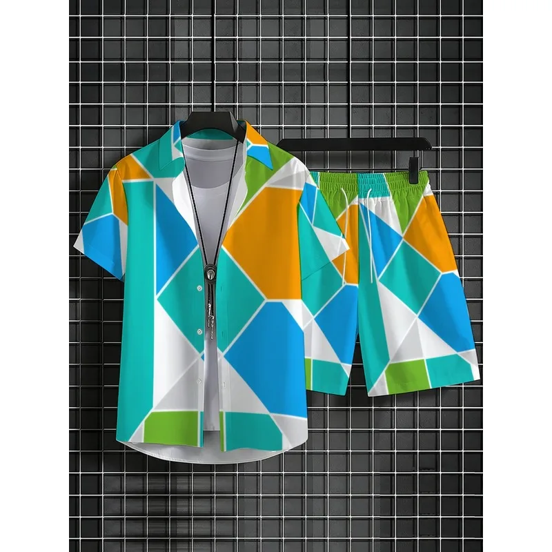 Men's Colorful Geometric Print Short Sleeve Shirt and Shorts Set，Lightweight polyester beachwear，Suitable for casual outings，Vi view 3