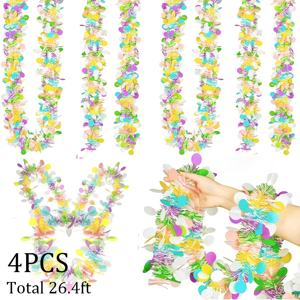 4 Stück Oster-Lametta-Girlanden, bunte Eier, Hase, Frühlingsgirlande, gedrehtes metallisches Girlande für Ostern, Party, Baum, hängende Dekoration