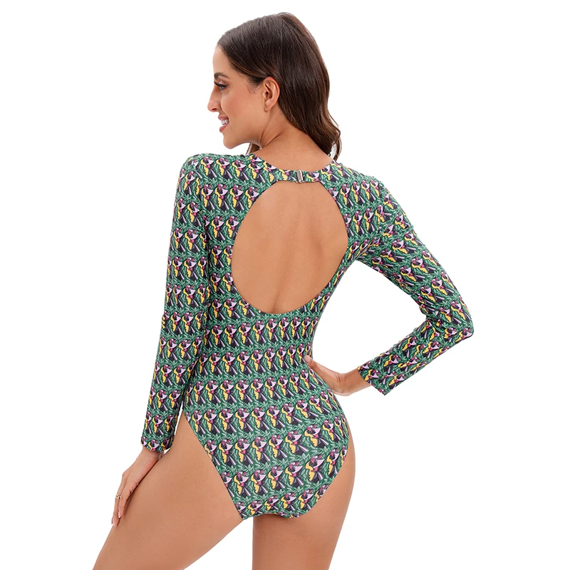 ZAFUAZ Women\'s Floral Print Backles Swimwear One Piece Swimsuit Long Sleeve Surfing Rash Gurads Bathing Suit  Beach Wear Sw
