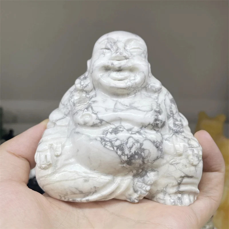 Imagem -06 - Howlite Buda Estátua de Cura Cristal Reiki Chakra Espiritual Mão Esculpida Pedra Maitreya Estatueta Artesanato Casa Decoração Sorte Natural