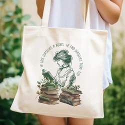 Zatracamy się w książkach bibliotekarz Tote Bag miłośnicy książek panie elegancka torba na ramię płócienna torba o dużej pojemności prezent do czytania