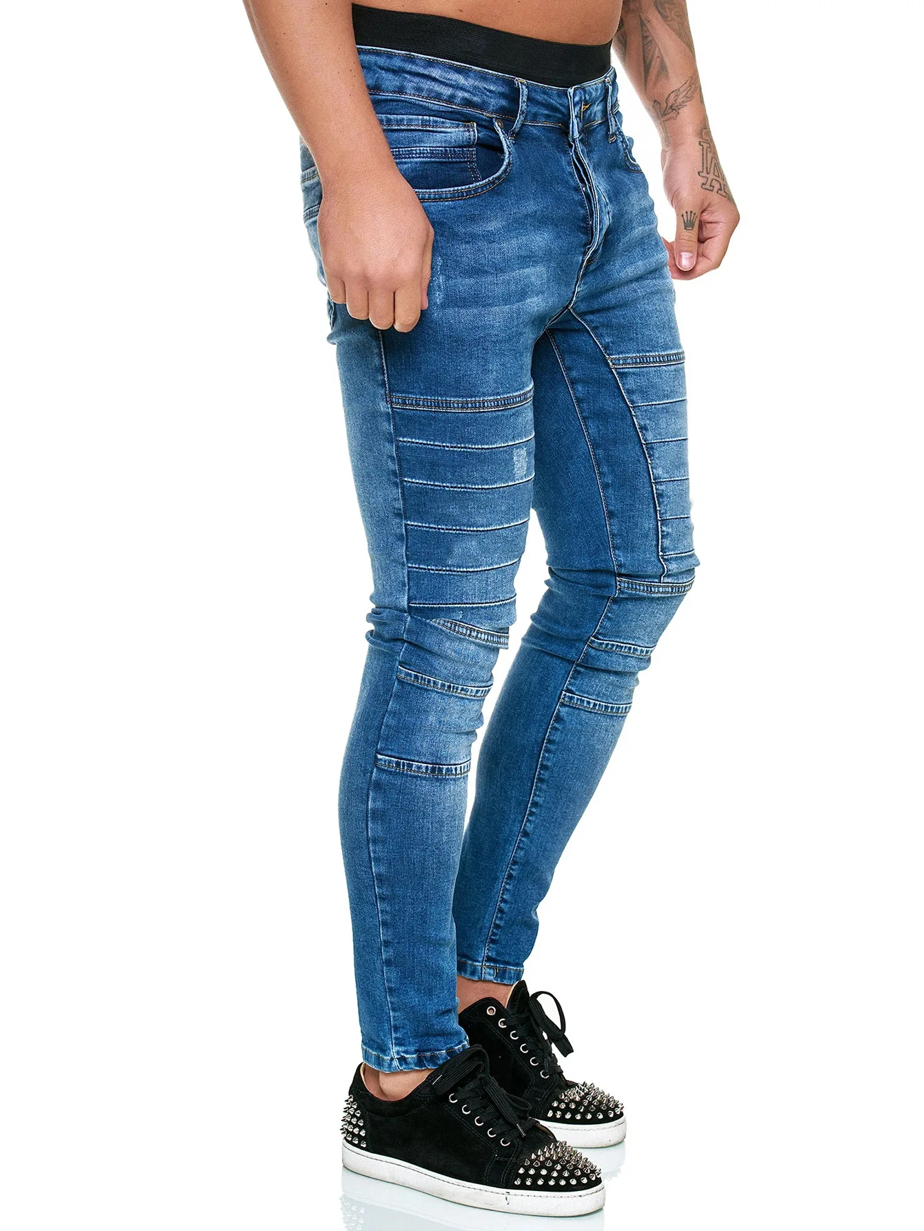 Männer Jeans Scheide Bleistift knöchel lange Hosen mittlere Taille Taschen gespleißt Moto Biker Waschen Slim Fit leichte Stretch 2024 Frühling