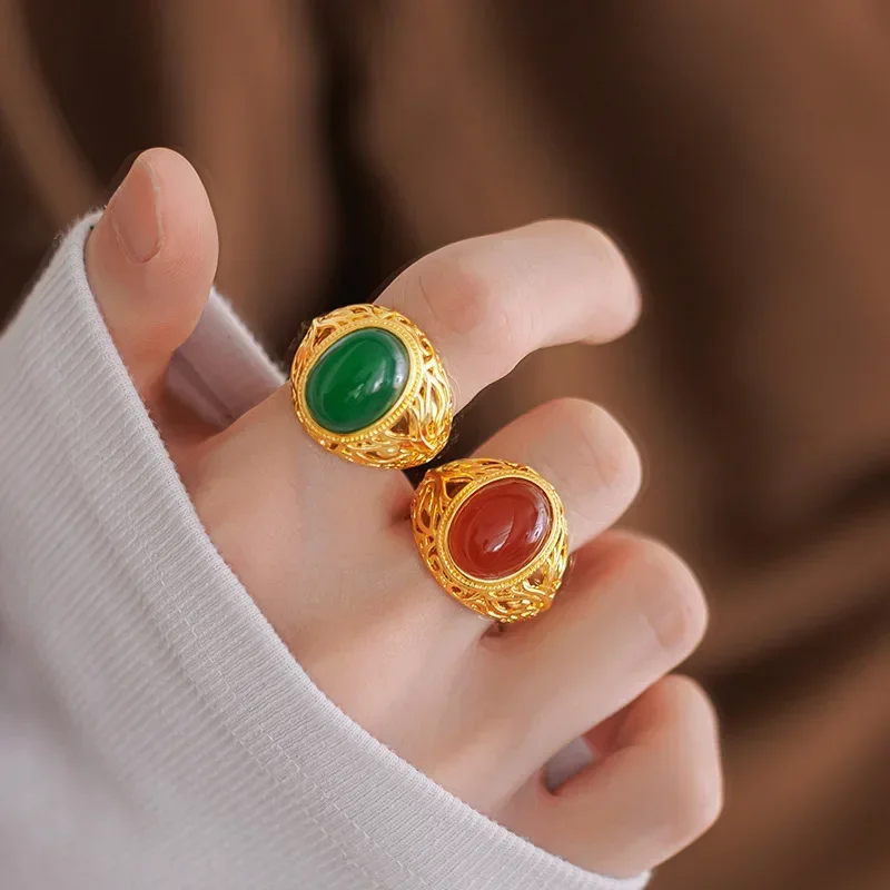 

9999 Real Gold 24K Emerald Vintage Natural Agate Hollow Live Male Ring, Agate Emerald Ring Male Ring