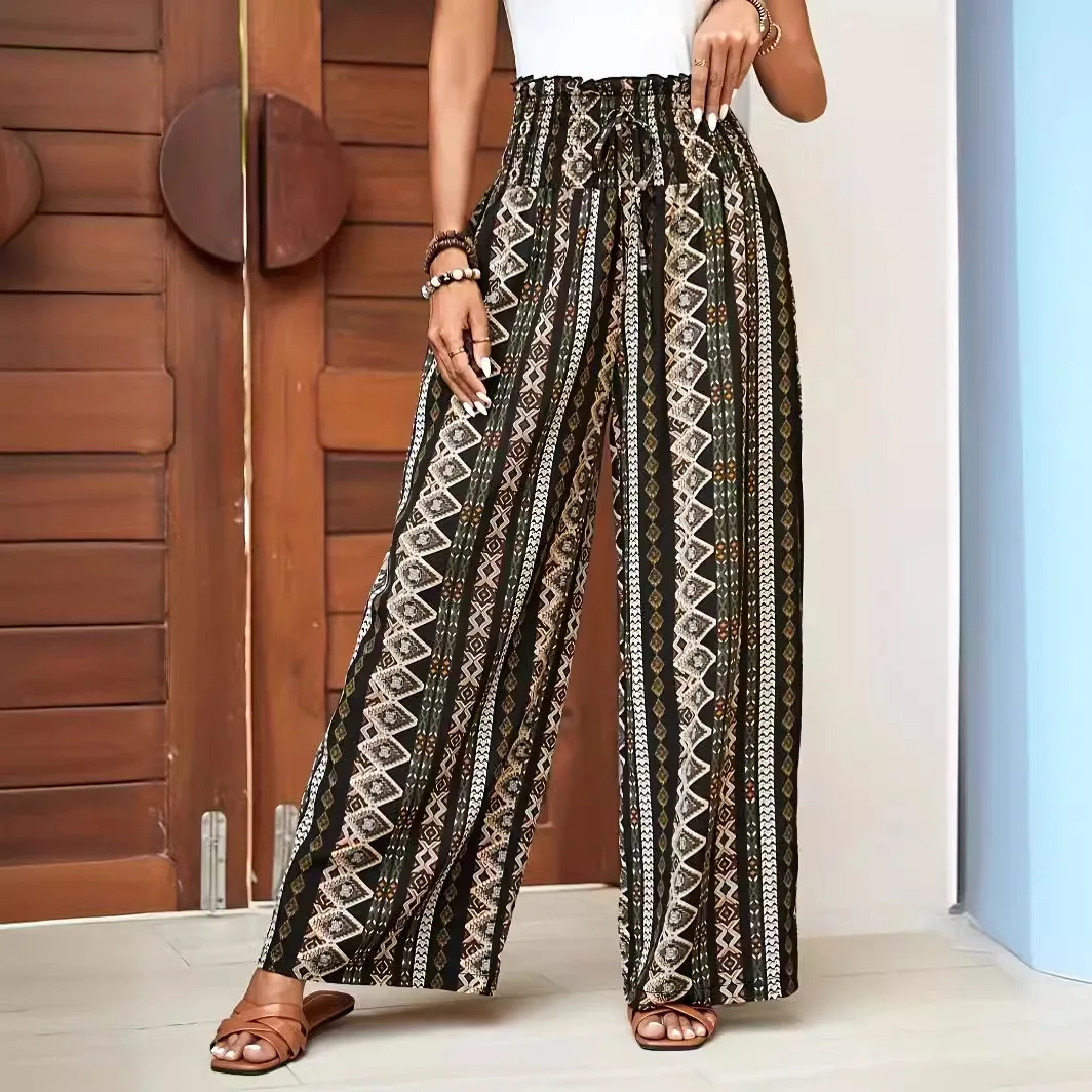 Summer new holiday seaside tourism leisure wide leg pants ethnic style printed collar pants Bohemian women