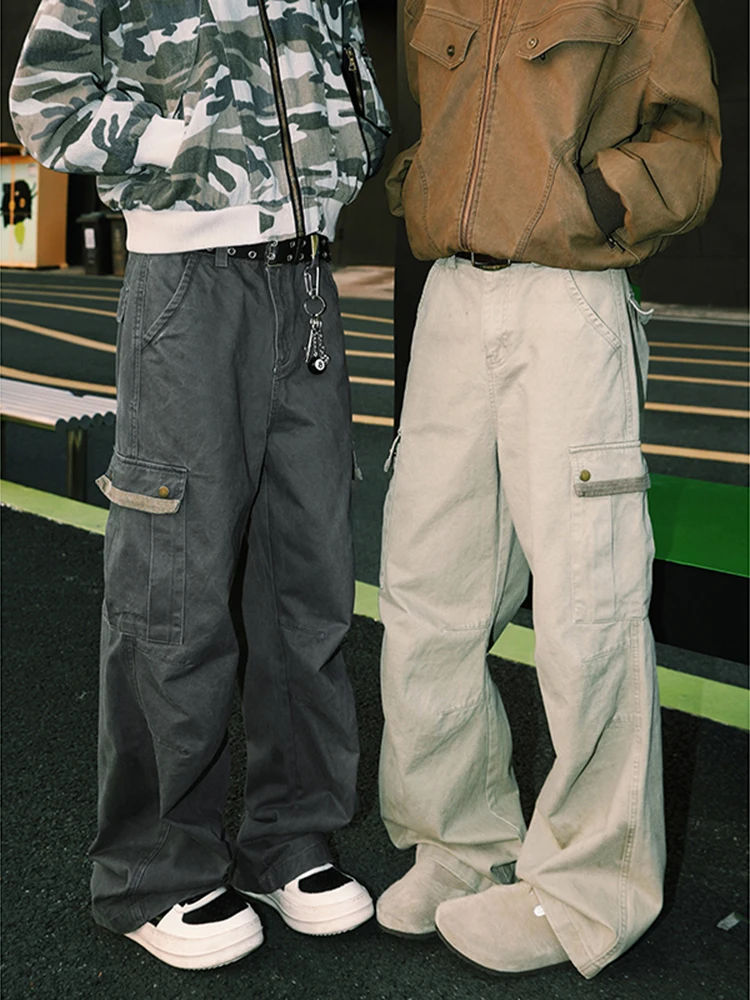 

Американские ретро сращивающиеся рабочие брюки с несколькими карманами, мужские модные свободные повседневные широкие длинные брюки в стиле хип-хоп