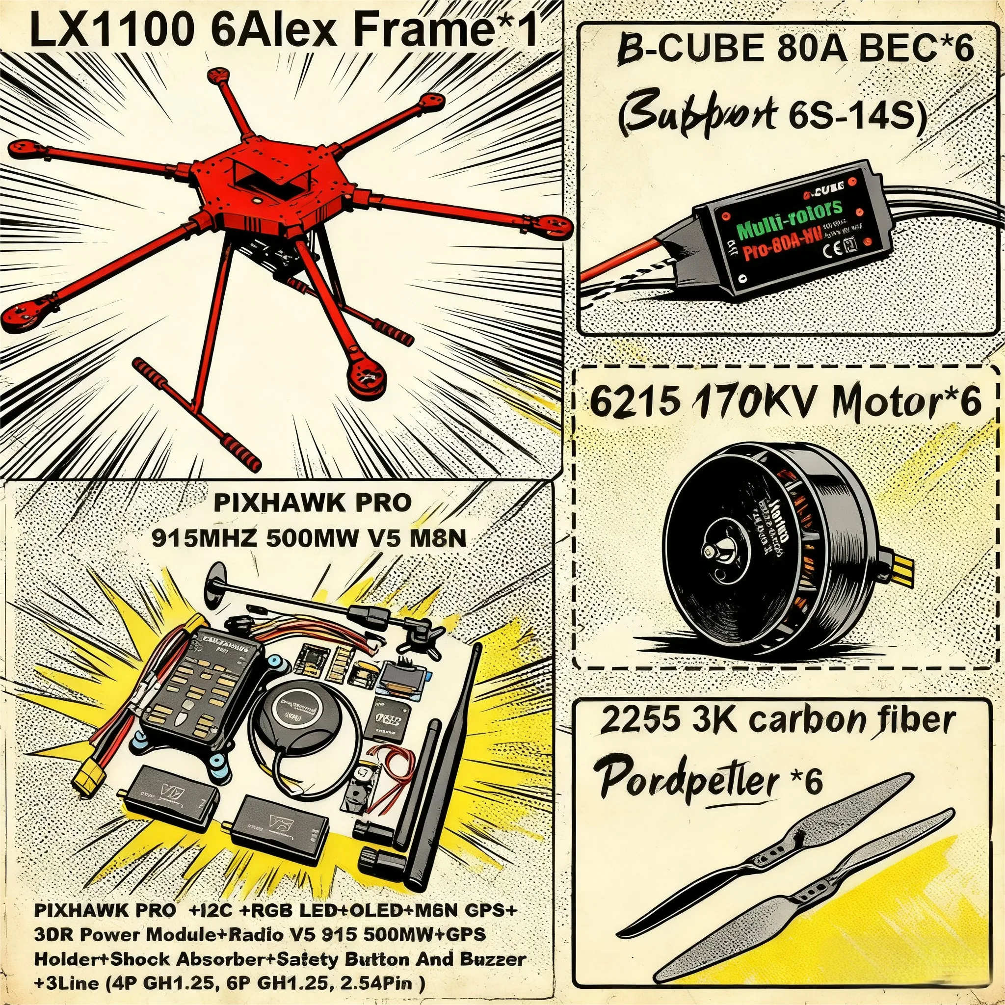 

RC PIXHAWK PRO M8N M9N M10 Управление полетом LX1100 Полностью углеродное волокно 1100 мм Шестироторная рама B-CUBE 80A ESC Комплект 6215 Двигатель