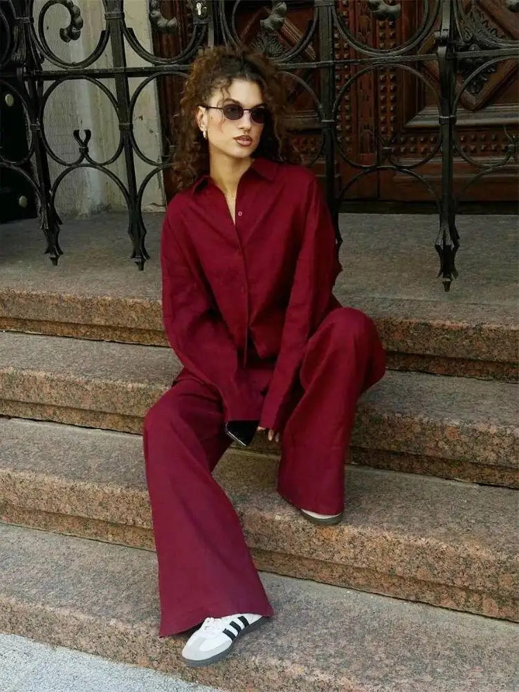 

Женская повседневная коричневая хлопковая льняная рубашка, брюки, костюм, модные однобортные блузки, комплект брюк с эластичной резинкой на талии, весенний свободный наряд 2025 г.