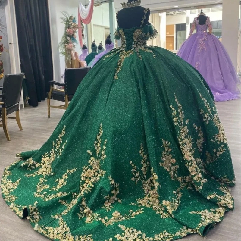 

Charming Luxury Green Ball Gown Quinceanera Dresses Cap Sleeve Lace Applique Corset Women Prom Birthday Party Dress Formal Wear