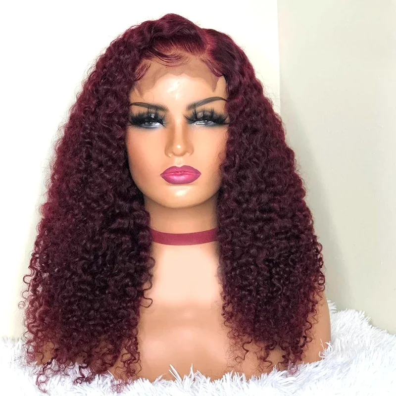 

Long 26inch Preplucked 180 Density Natural Burgundy Glueless Kinky Curly Lace Front Wig For Women Baby Hair Long Heat Resistant