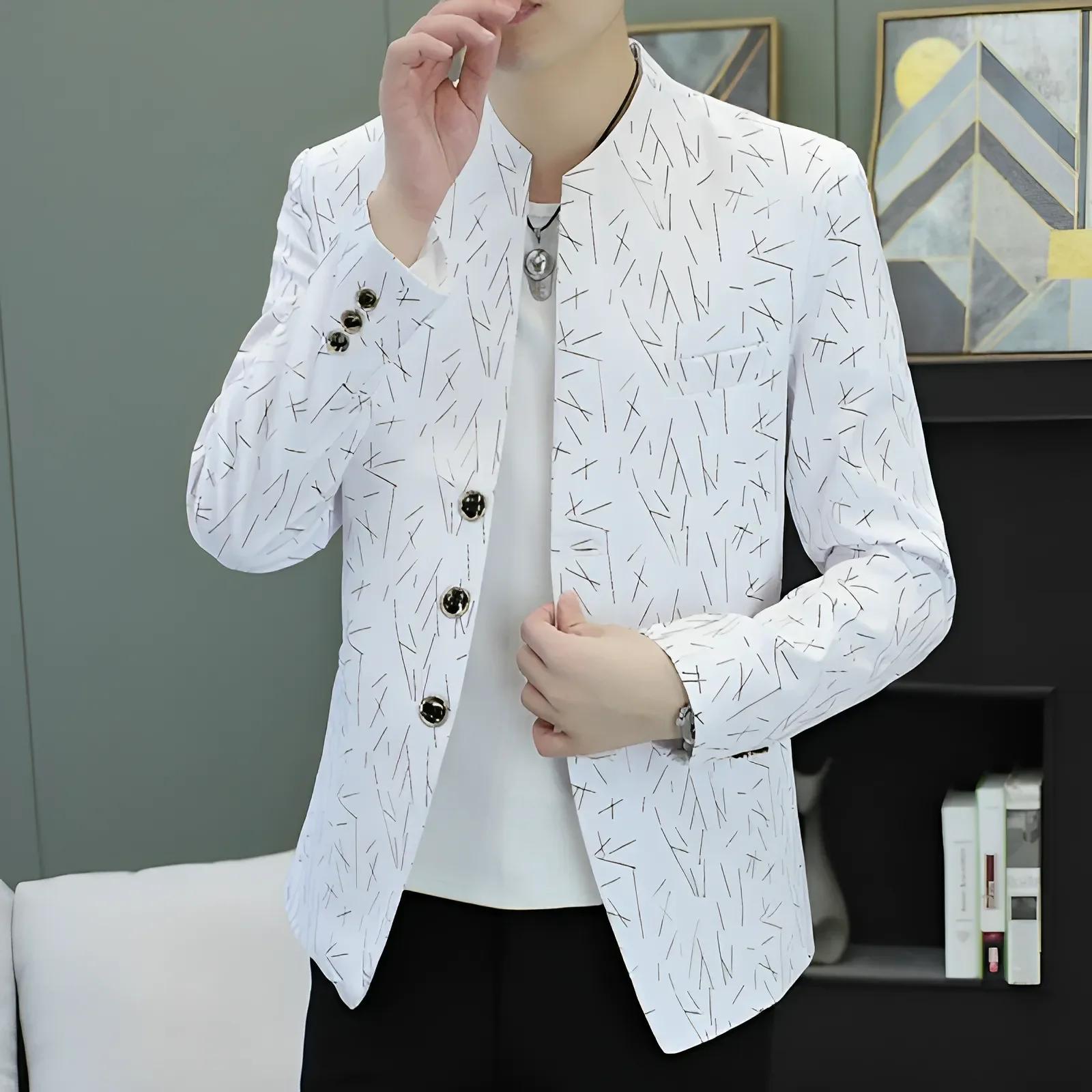 

Sli Slim Fit Men's Stand Collar Jaet Casual Printed Long Sve Urban Faion Autumn Season Single Button Coat