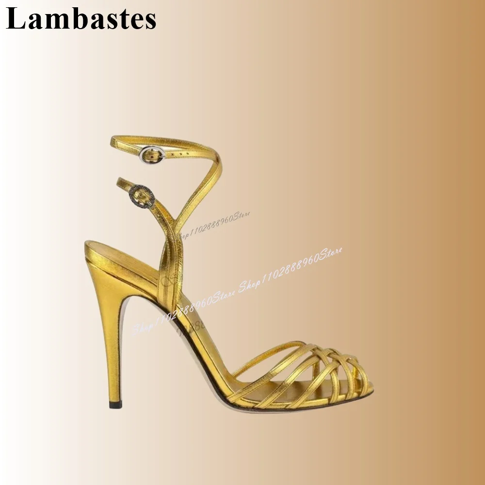 Sexy Golden Narrow Cross Band Sandals Stilettos High Heel Ankle Buckle Strap Women Shoes Peep Toe 2023 Fashion Zapatillas Mujer