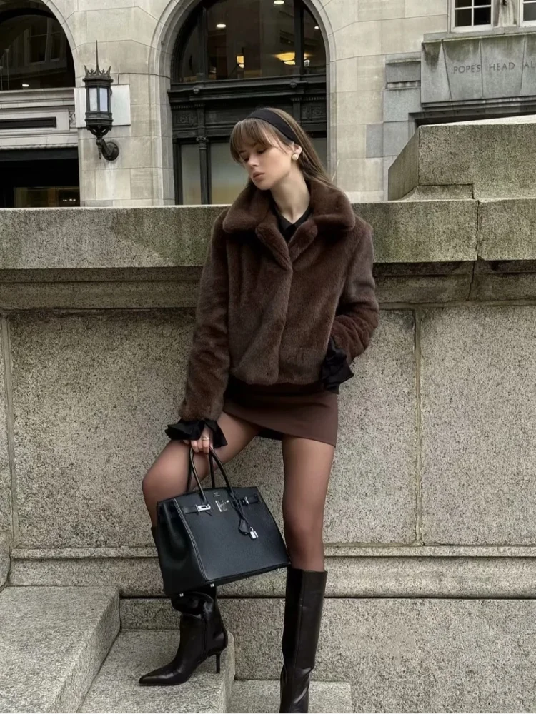 Women Faux Fur Short Coat Lapel Collar Open Front Long Sleeve Loose Fit Warm Winter Cropped Fuzzy Plush Jacket Casual Outerwear