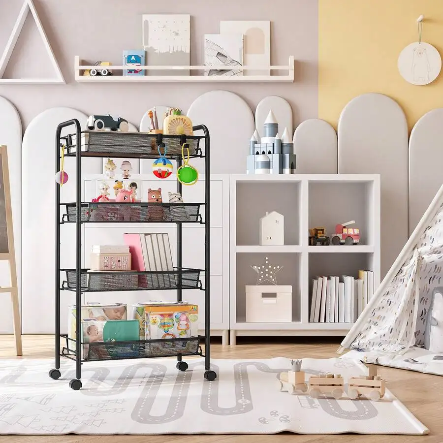 4-Tier Rolling Cart, Metal Utility Cart With 3 Hooks, Easy Assemble Mobile Storage Trolley On Wheels, Metal Shelving Units Kitch