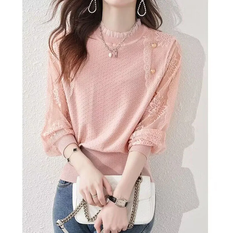 Autumn Winter Fashion Elegant Lace Spliced Long Sleeve Knitted Tops Women\'s Clothing All-match Commute Solid Color Sweaters