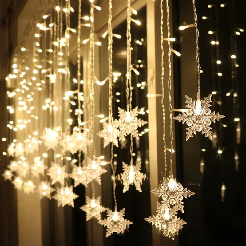 

Home New Year Holiday Christmas Decoration Xmas Fairy Lights EU Plug 8 Modes Snowflake Curtain LED String Lights Wedding Party