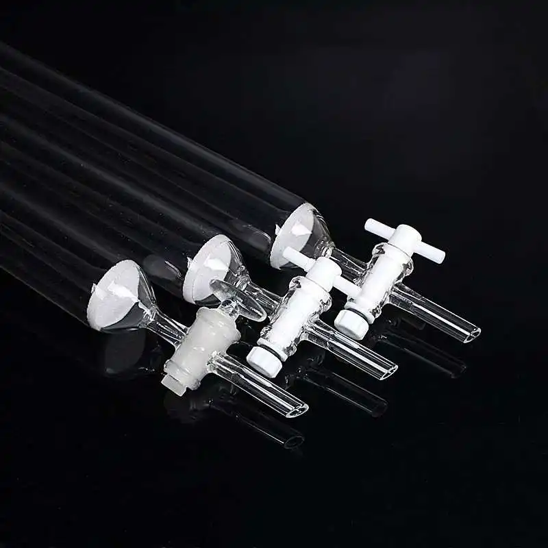 Kolom kromatografi kaca pelat pasir, kolom filtrasi kaca piston PTFE mulut standar, kolom adsorpsi, kolom penukar ion