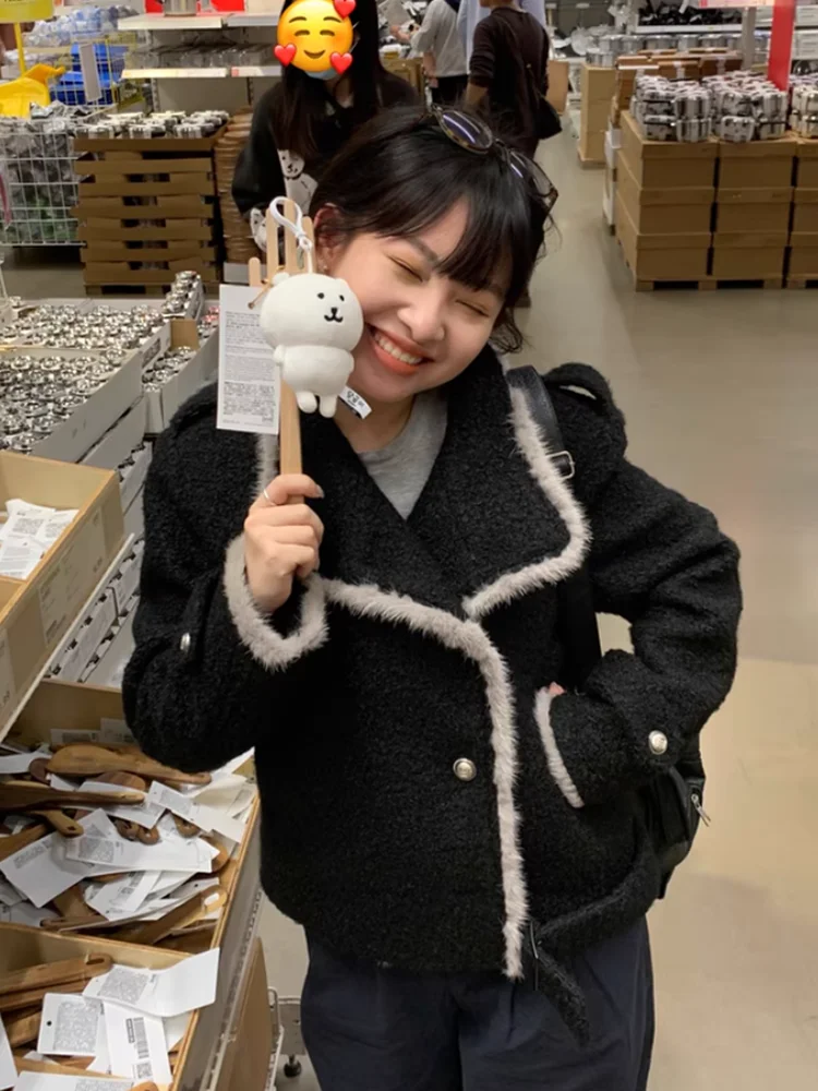 

Корейская женская шерстяная куртка, зима 2025, новое свободное пальто с воротником, полиэфирное волокно, длинное све, обычная длина