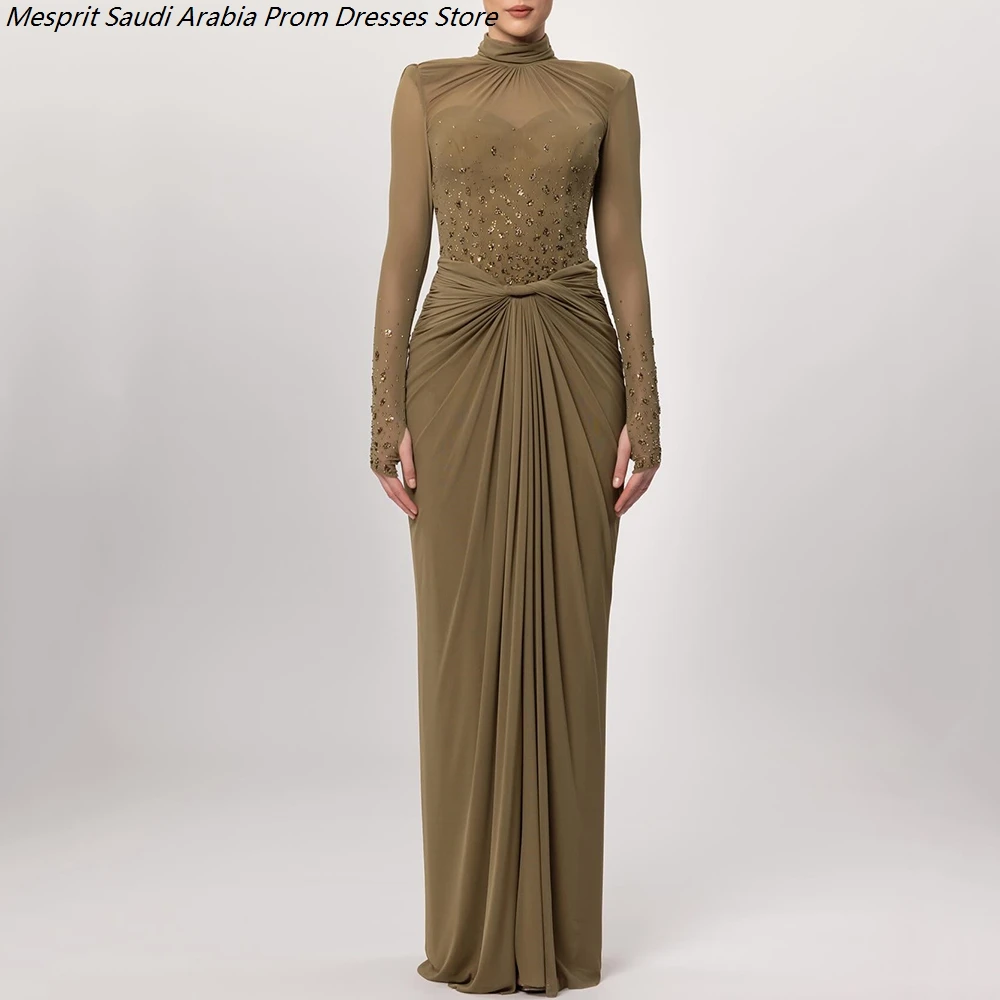 

Women's Straight Evening Dresses Floor-length High-neck Full Sleeve Prom Dresses Fashion Sequined Simple Pleat Customized Gowns