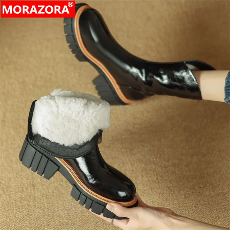 MORAZORA 2024 New Size 34-42 Genuine Leather Snow Women Boots Ladies Zipper Platform Boots Winter Wool Ankle Boots