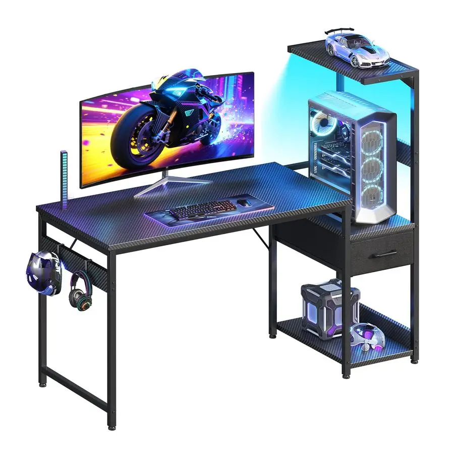 Mesa de Jogos de 48 Polegadas com Armazenamento e Luzes LED, Mesa de Computador Reversível com Prateleiras e Gaveta de Tecido, Gamer Moderno