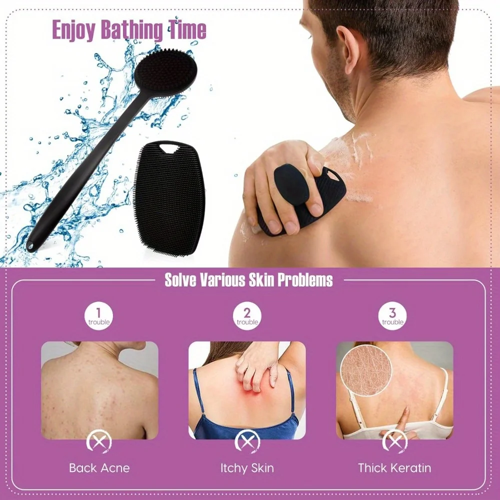 2 قطعة دش الظهر الغسيل التقشير حمام فرشاة لطيف تقشير الجسم دش سيليكون فرشاة اغتسال مقبض طويل فرش حمام #1
