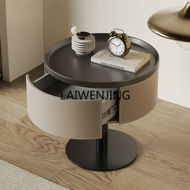 MJY all solid wood saddle leather round bedside table light luxury mini storage living room small coffee table