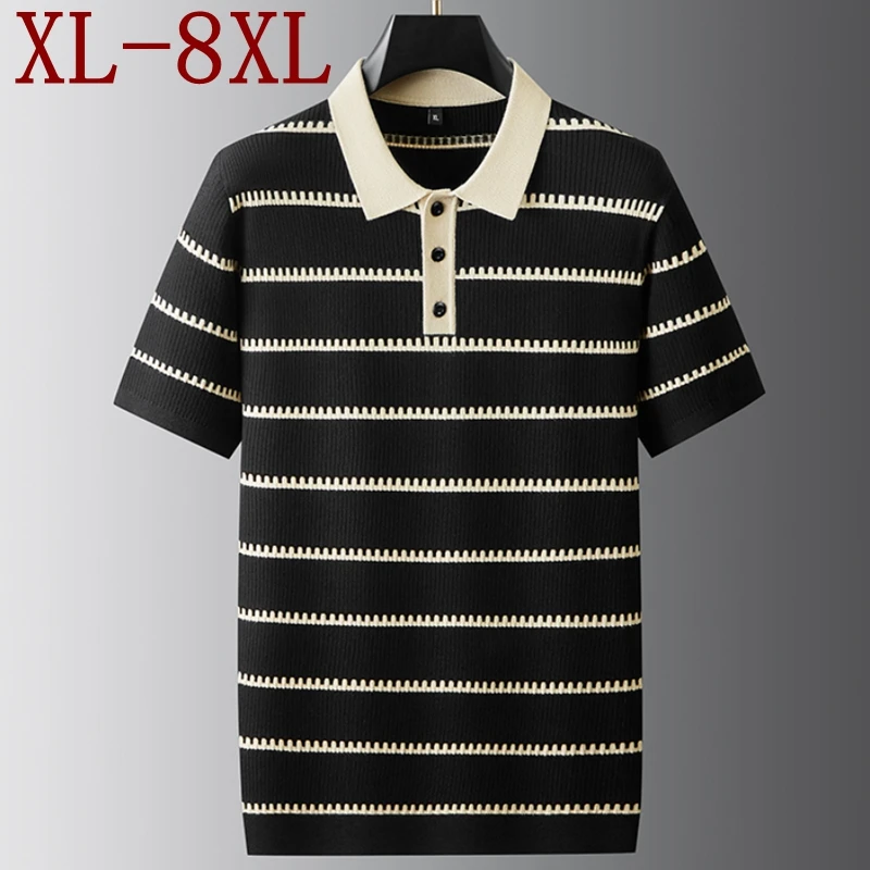 

8XL 7XL 6XL 2025 New Autumn High End Luxury Striped Sweater Man Fashion Design Mens Jumpers Short Sleeve Lapel Warm Pullover Men
