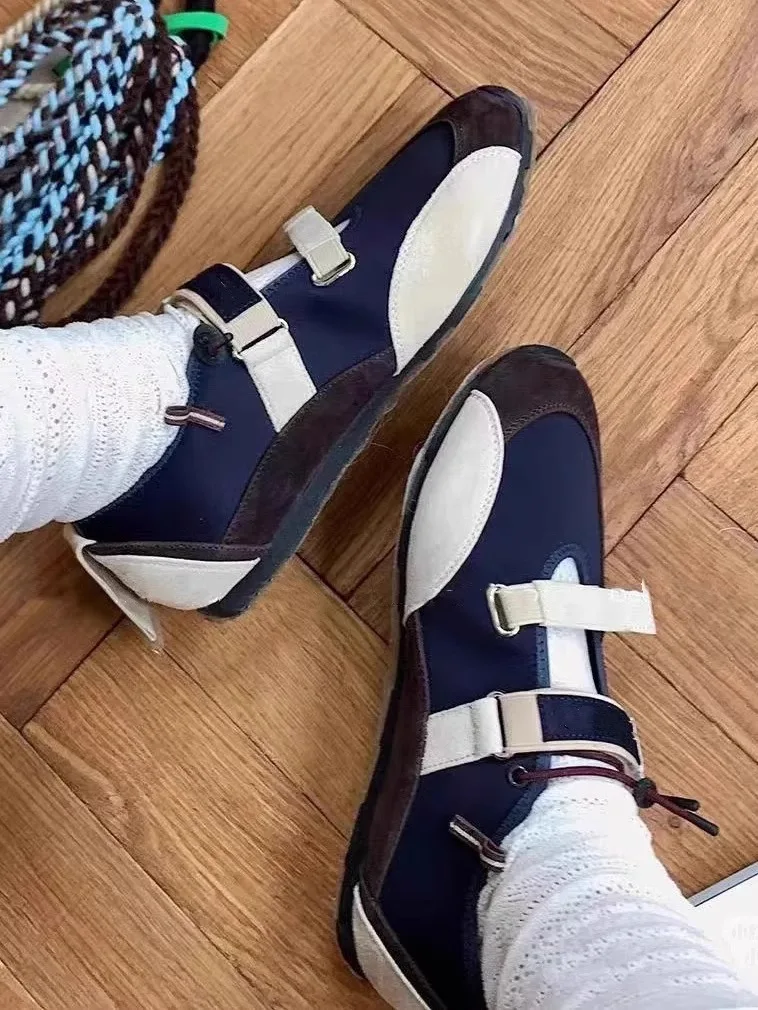 

Color Matching Hook and Loop Casual Sneakers Comfortable Breathable Flats Round Toe Lace-Up Drawstring Women's Shoes