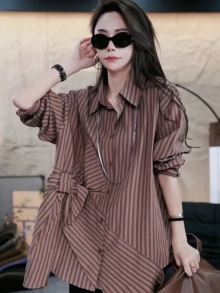 Listrado irregular camisas femininas vintage arco retalhos elegante senhora do escritório blusa outono solto casual manga longa botão feminino topos