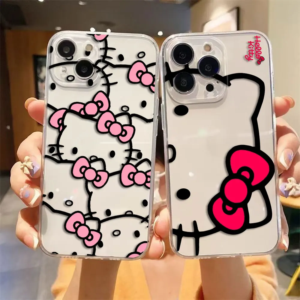 Cartoon Cat Hello Kitty Cover Clear Phone Case For iPhone Apple 16 15 14 12 13 11 Pro 8 7 SE Plus X XS Max Transparent TPU Case