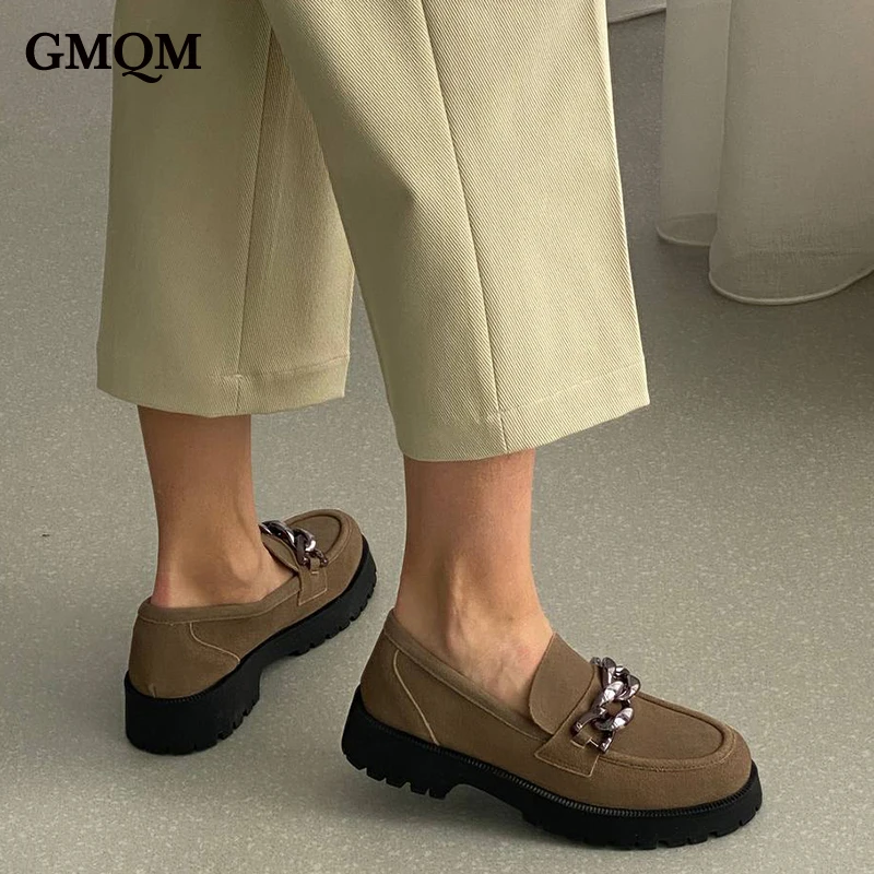 GMQM Platform Fashion Women's Loafers Shoes New 2023 Suede Leather Pumps Slip-On Metalic Decoration High Quality Walking Shoes