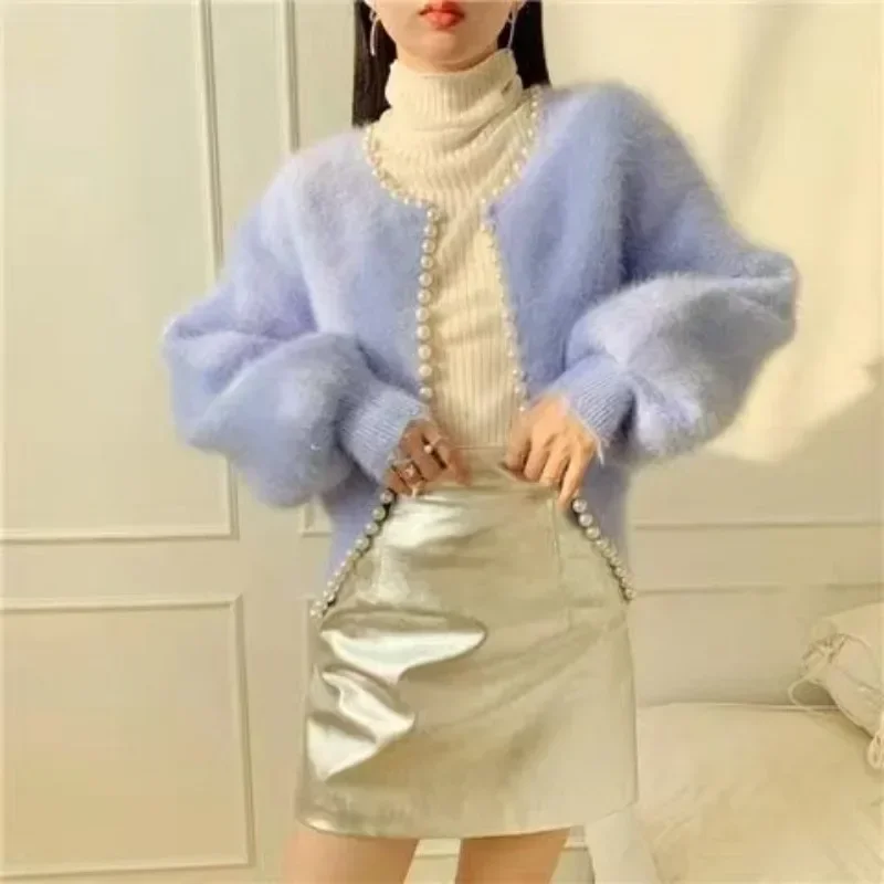 Spring Autumn New Fashion Ladies Pearl Knit Lantern Sleeves Imitation Mink Fleece Sweater Cardigan Jacket Women Korean Style Y2k