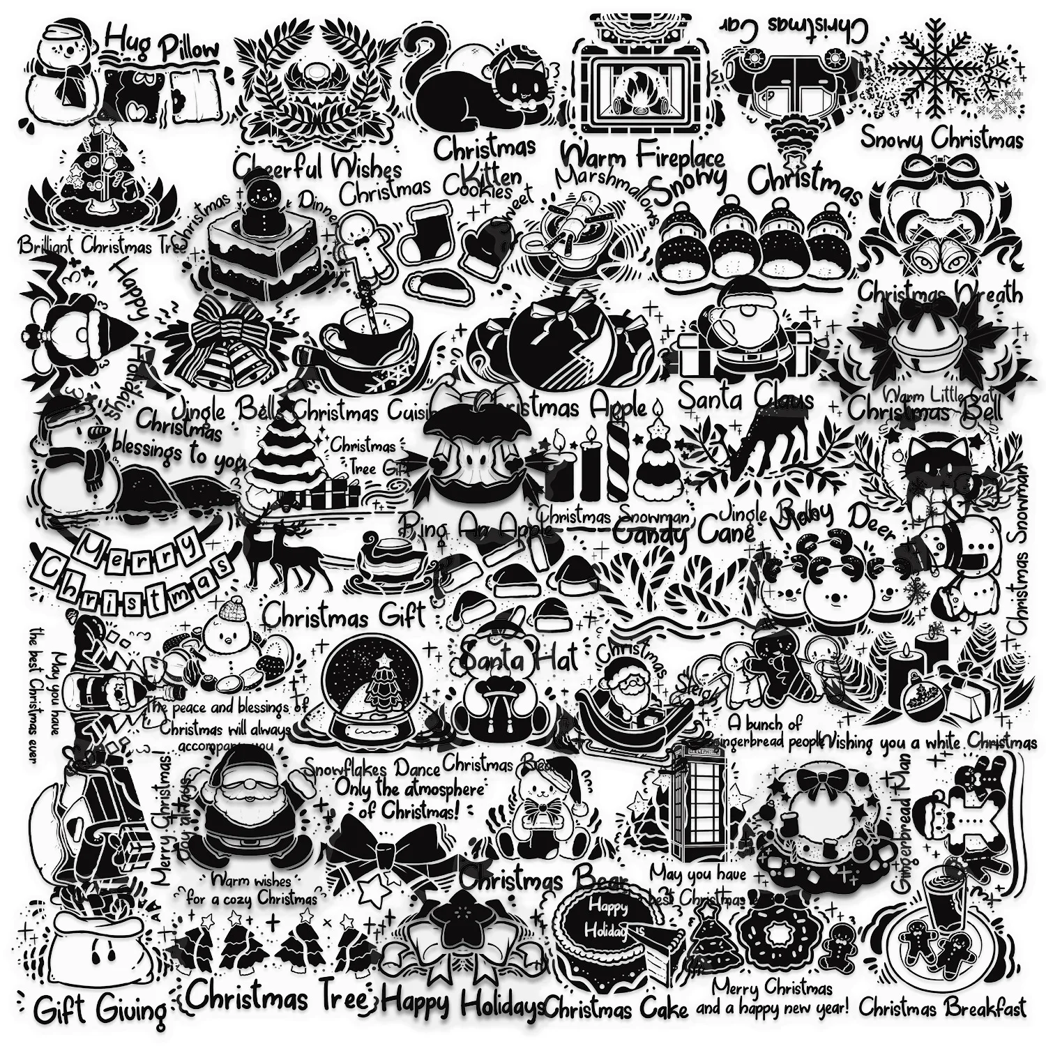 

50PCS Christmas Stickers Black and White Style Holiday Cartoon PET Decorative Phone Case Guitar iPad Waterproof Sticker Kids Toy