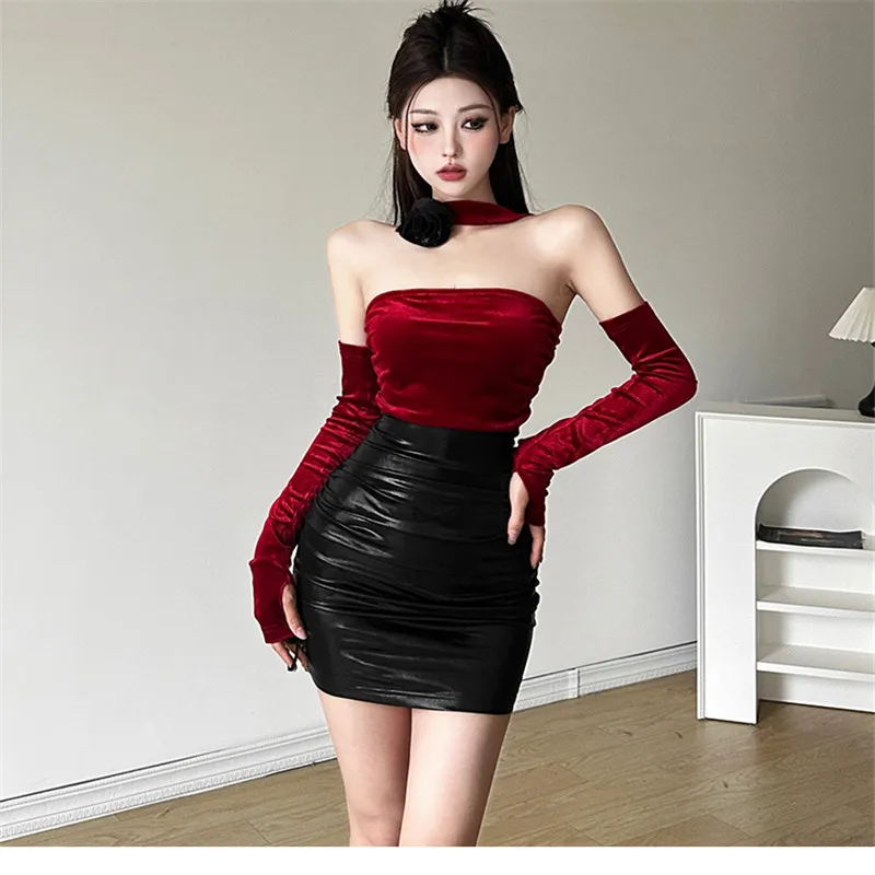 Mini vestido de fiesta de retazos de cuero PU con cuello Halter Sexy sin tirantes para niña pequeña, vestido de tubo con contraste de Color a la moda de verano 2025